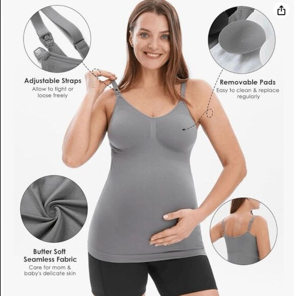 Maternity Seamless Nursing Camisole Tank Top Gray Built-in Bra Comfortable Stret - Picture 2 of 11